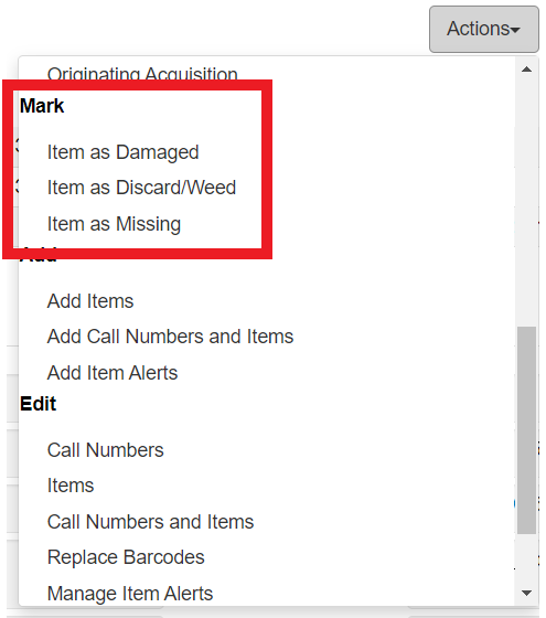 Action dropdown menu scrolled to the "Mark" subsection, indicated in red.