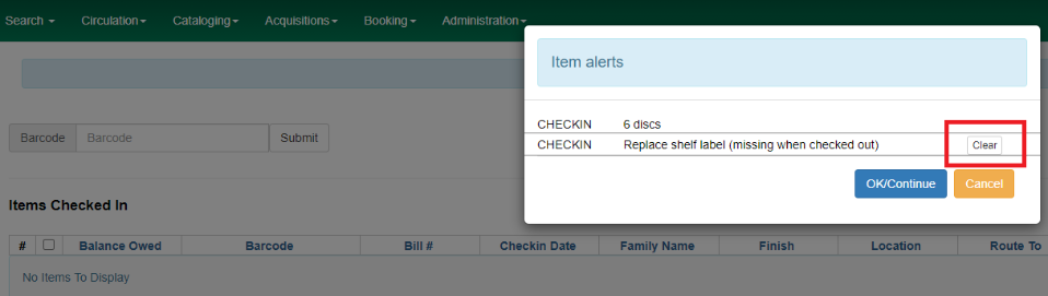 The Clear button appears to the right of a temporary alert in the Item alerts popup window.