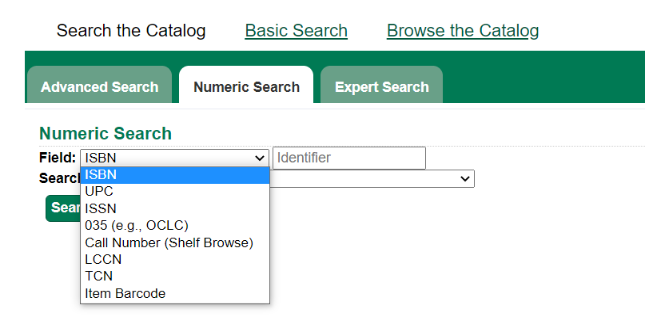 Numeric Search tab with ISBN selected in the Field dropdown menu