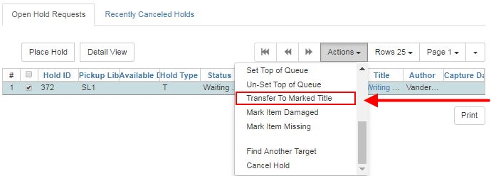 Selecting Transfer to Marked Title from Actions list.