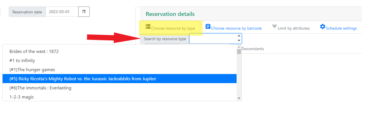 Choose resource by type highlighted in yellow with Search by resource type indicated with an arrow.