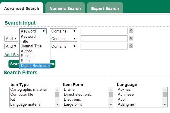 Keyword dropdown menu in Advanced Search with Digital Bookplate highlighted