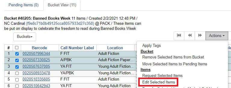 "Edit Selected Items" is the second option listed under "Items" in the "Actions" dropdown menu.