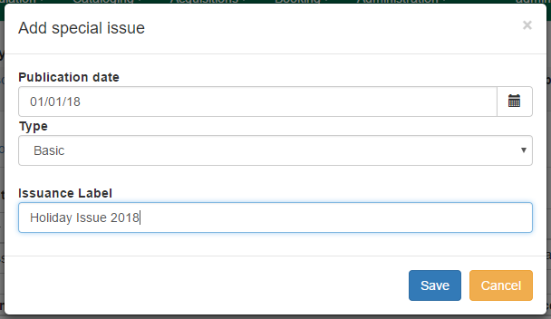 The dialog box for adding a Special Issue includes only fields for Publication Date, Type, and Issuance Label.