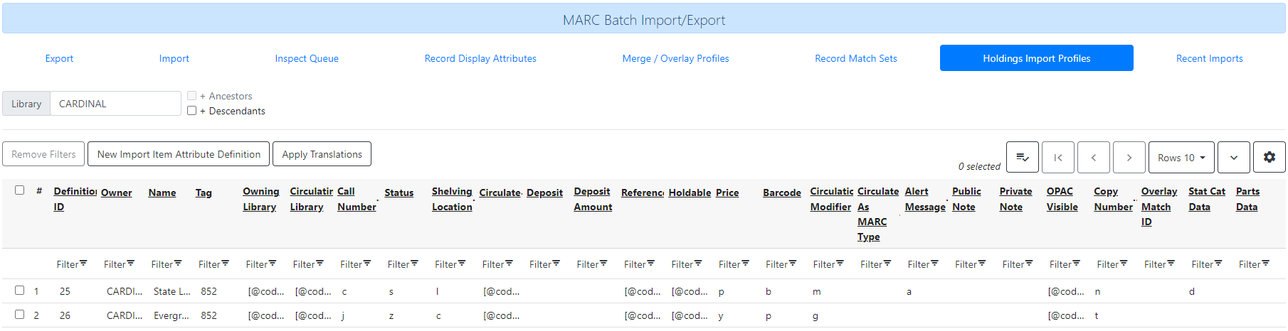"Holdings Import Profiles" window
