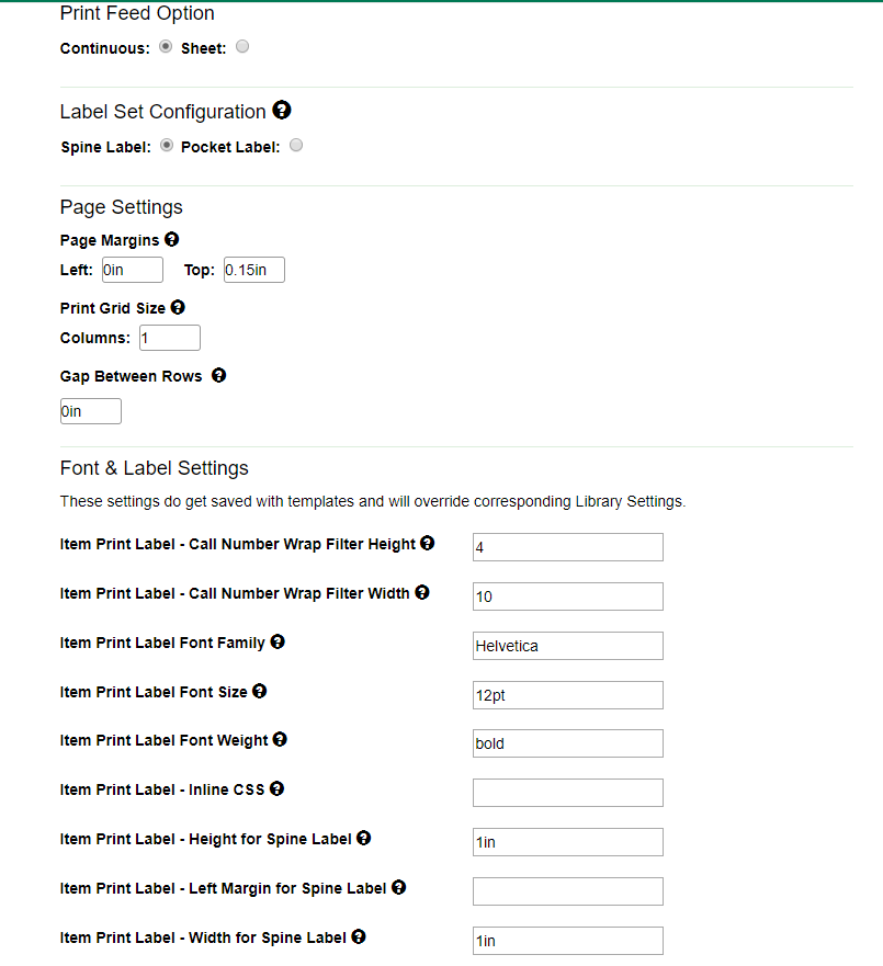 Example spine label settings