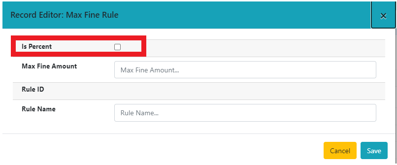 Turn on the "Is Percent" rule by clicking the check box located at the top of the pop up box when creating a New Max Fine Rule.