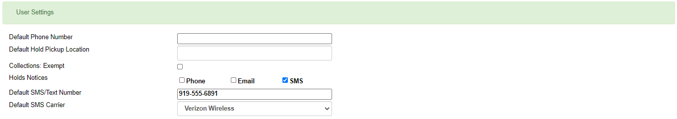User settings form block with hold notice options