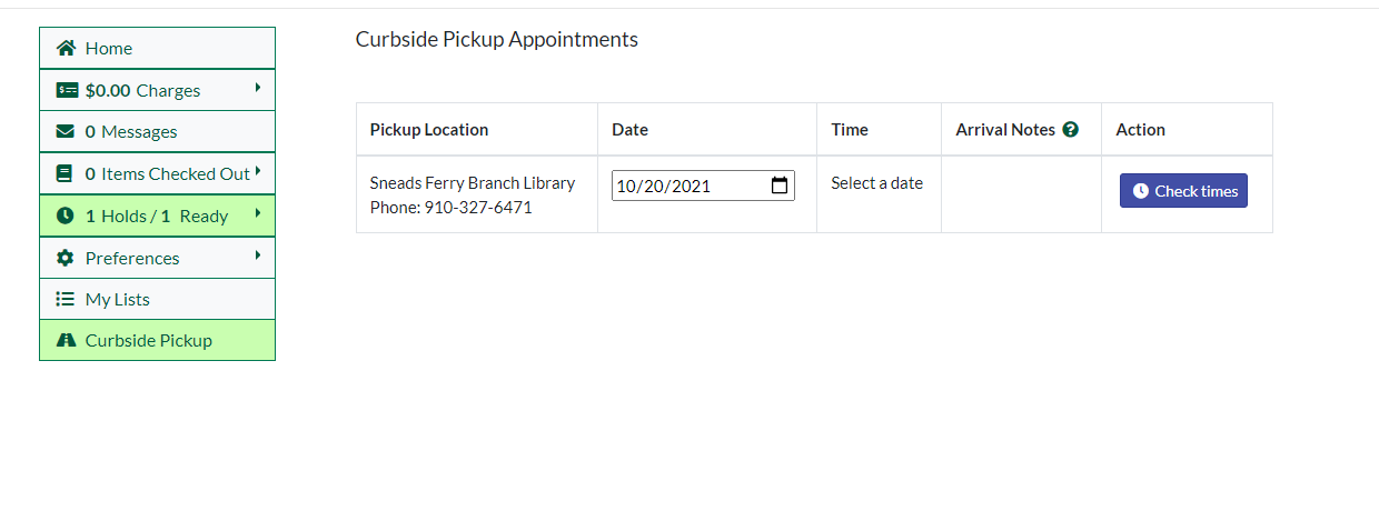 Curbside Pickup Appointments screen