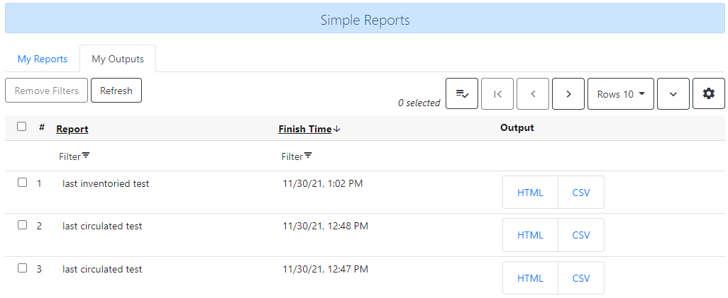 My Outputs is the second tab from the left in the Simple Reports screen.