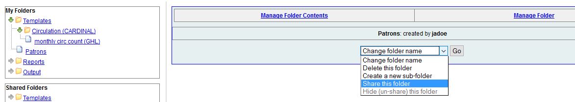 Share this folder is the fourth option listed in the dropdown menu in the Manage Folder screen.