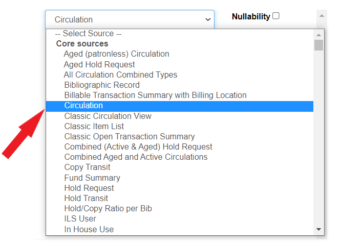 Circulation is the sixth item under Core Sources in the Source drop down menu.