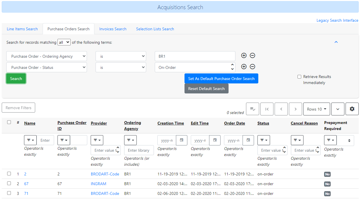 The Purchase Order Search tab can include multiple search lines set to different search facets.