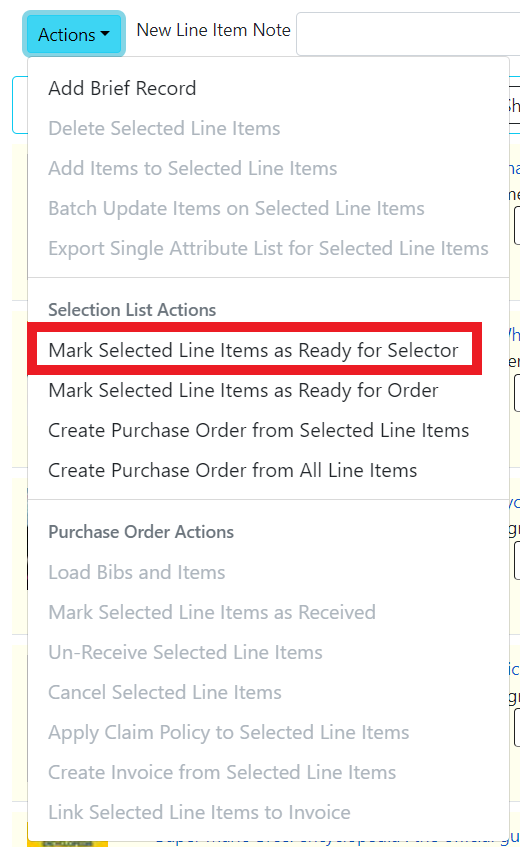 The Action Menu from the Selection List interface with "Mark Ready for Selector" indicated by a box.