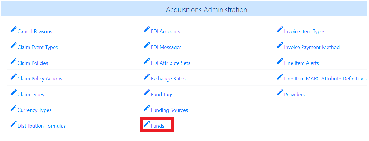 The link to the Funds interface is the last choice in the middle column of links on the Acquisitions Admin splash page.