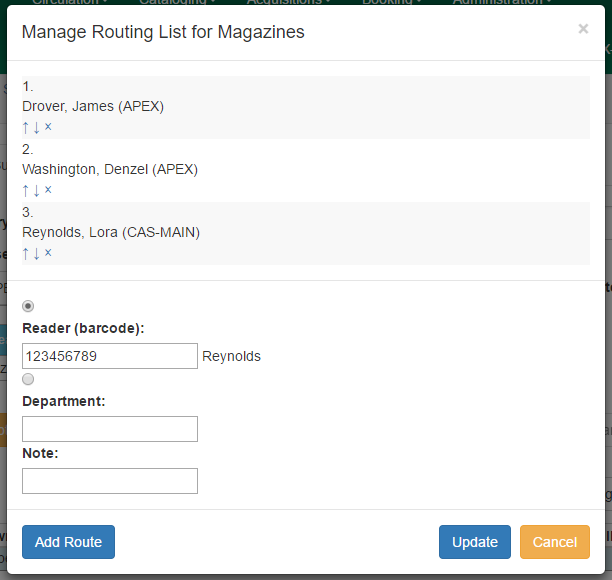 Manage Routing List for Magazines window