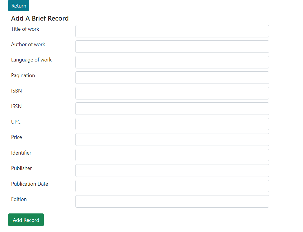 The Brief Record interface contains fields for various pieces of bibliographic data.