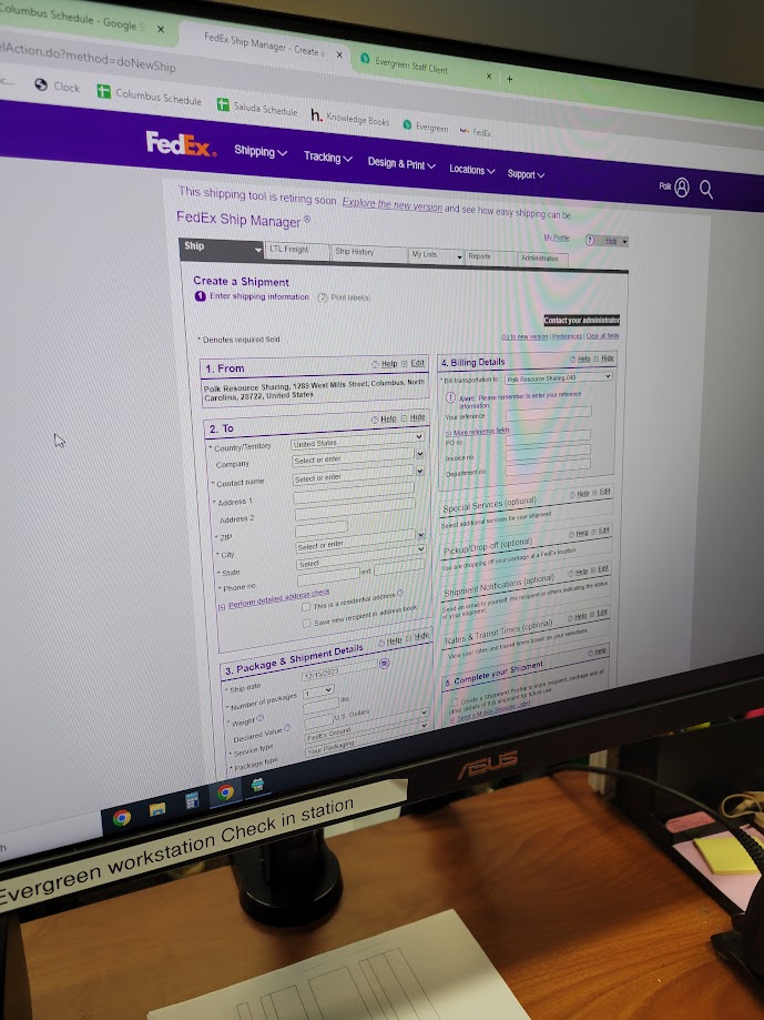The FedEx Ship Manager webpage on a computer monitor.