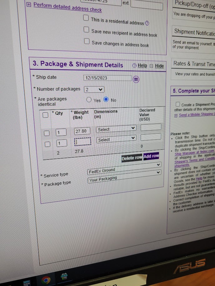 Package and Shipment Details section of FedEx Ship Manager webpage with two packages being entered for a single shipment.