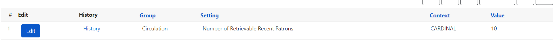 Library Settings Editor with "Number of  Retrievable Recent Patrons" set to 10.