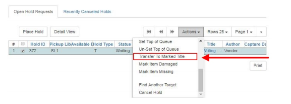 Select Transfer to Marked Title from the Actions dropdown menu.