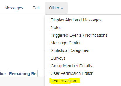 Test Password is the ninth option listed in the Other dropdown menu.