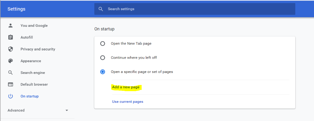 Select Open a specific page or set of pages and click Add a new page.