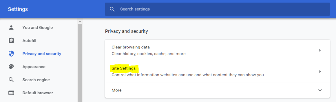 Site Settings under Privacy and security in the Chrome Settings screen
