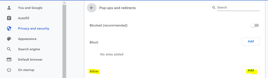 Allow option under Pop-ups and redirects under Site settings in Chrome settings