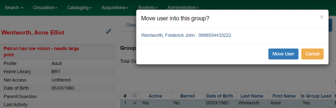 Move user into this group? popup window