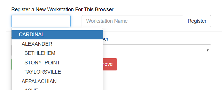 Selecting the new workstation branch from the Register a New Workstation For This Browser dropdown menu