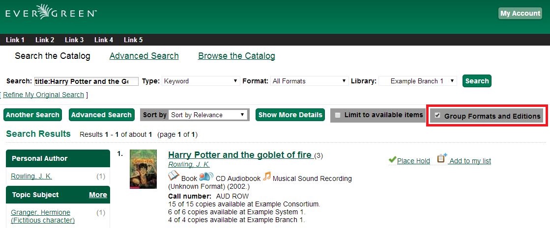 Group Formats and Editions appears on the right side of the Search Results page above the Search Results list.