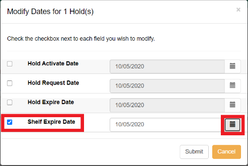 Modify Dates for Hold(s) popup window