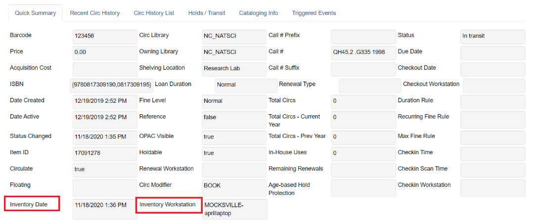In this example Quick Summary tab, Inventory Date and Inventory Workstation have been highlighted in red.