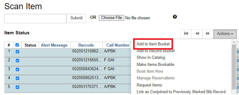 "Add to Item Bucket" is the first option listed in the "Actions" dropdown menu.
