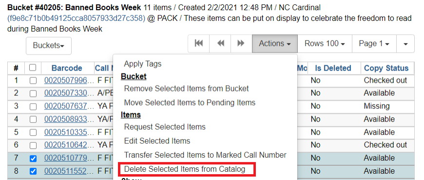 "Delete Selected Items from Catalog" is the fourth option listed under "Items" in the "Actions" dropdown menu.