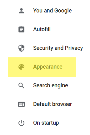 Screenshot of Settings menu with Appearances option highlighted.