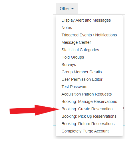 Other drop down menu in patron account with Create Booking indicated with an arrow.