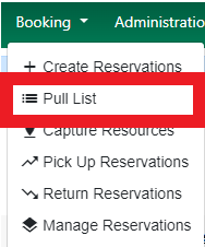 Booking dropdown menu with Pull List indicated