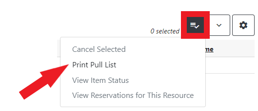 List action menu for pull list with Print Pull List indicated