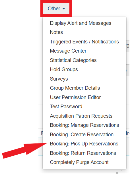 "Other" drop down menu in patron account with "Bookings: Pick up Reservations indicated"