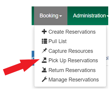 Bookings drop down menu with Pick up Reservation indicated.
