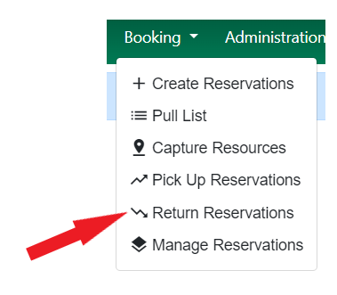 Booking drop down menu with Return Reservations indicated with an arrow
