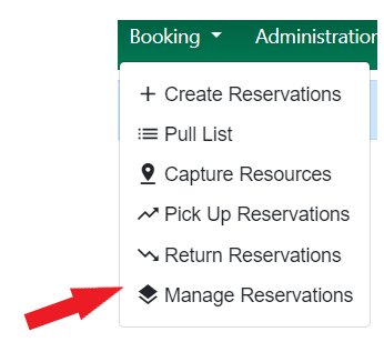 Booking drop down menu with Manage Reservations indicated with an arrow.